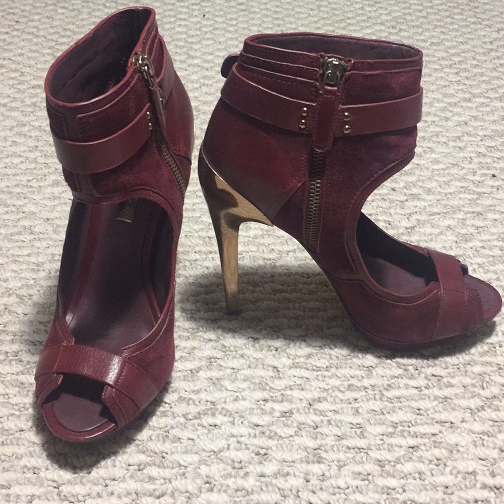 BCBG red leather suede shoes with gold heels